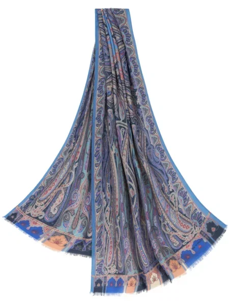 Fular Etro din cașmir cu imagine cu model paisley albastru