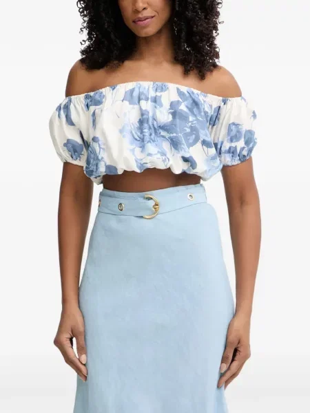 Top Guess cu model floral cu imagine cu umerii deschiși alb