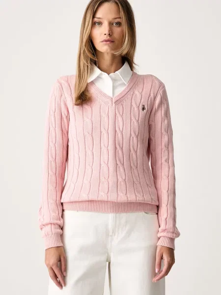 U.S. Polo Assn. pulover pentru femei din V-NECK CABLE roz