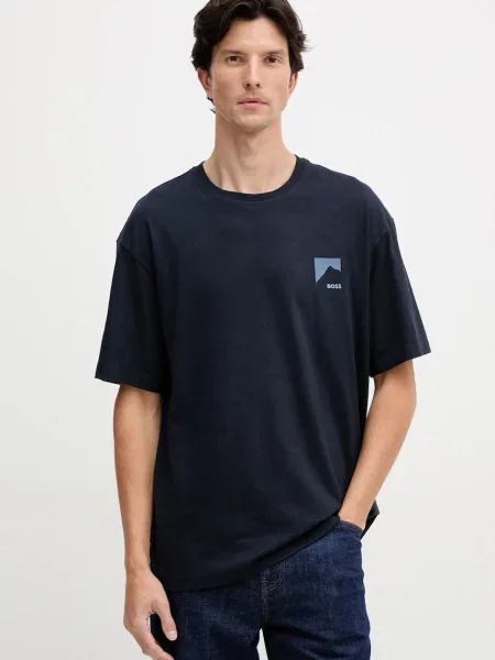 BOSS Orange tricou din bleumarin cu imprimeu portocaliu