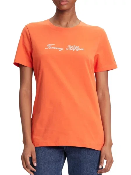 Haftowana koszulka Tommy Hilfiger z okrągłym dekoltem pomarańczowa