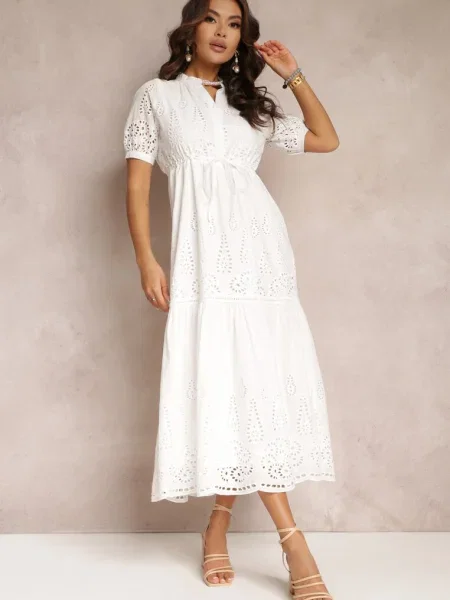 Rochie Ineryna din cu Broderie și în Talie alb