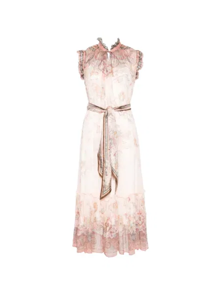 Sukienka midi Zimmermann z falbankami z wzorem paisley do kolan różowa