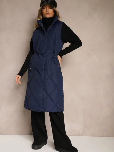 Długa Kamizelka z Pikowanymi Przeszyciami ze Stójką i Avalithe granatowa