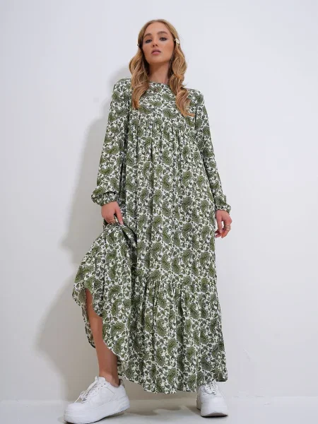 Obleka obleka Trend Alaçatı Stili z volani zajemalni vrat zelena