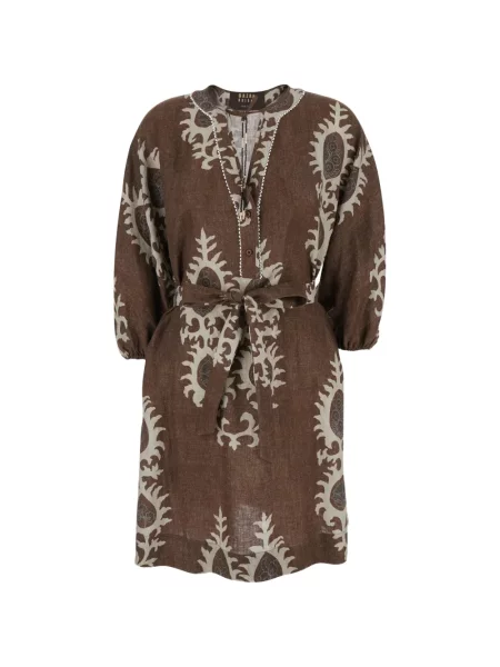 Sukienka mini Bazar Deluxe z nadrukiem wiązana garniturowa brązowa