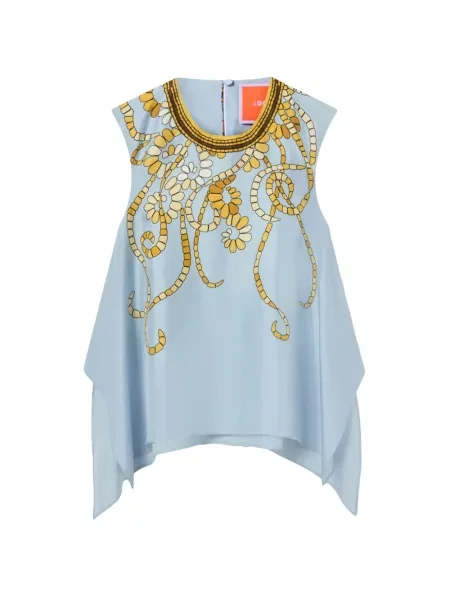 Top La Doublej de mătase cu model floral cu imagine albastru