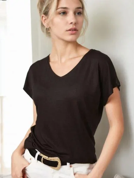 Tricou Dewberry cu decolteu în V negru