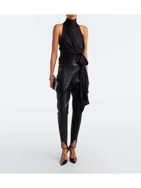 Top Balmain cu funde din satin cu gât halter negru