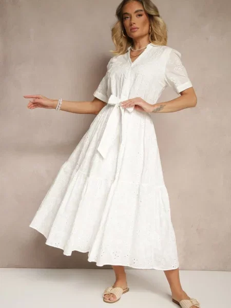 Ażurowa Sukienka z Bawełny Wiązana w Pasie Koszulowa Divanira biała