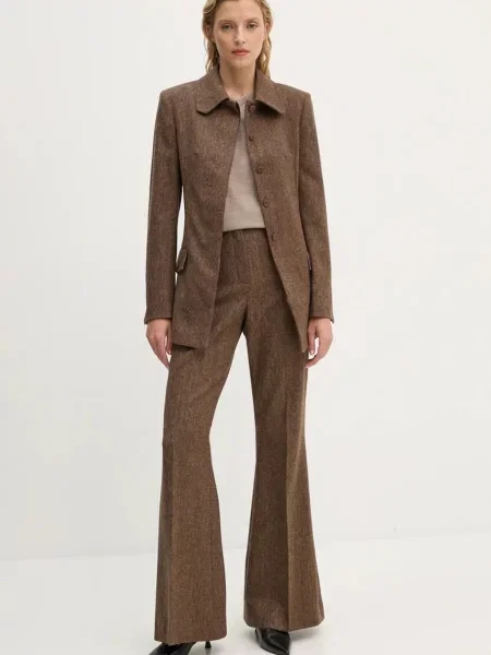 Remain spodnie wełniane Herringbone Flare Pants brązowy dzwony high waist