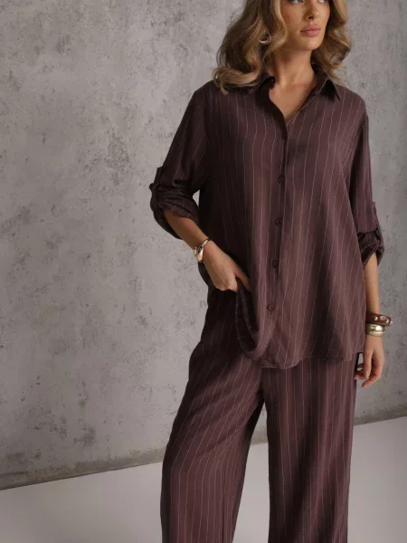 Komplet z i Lnu w Delikatne Prążki Koszula i Spodnie Wide Leg Cliffesa brązowy
