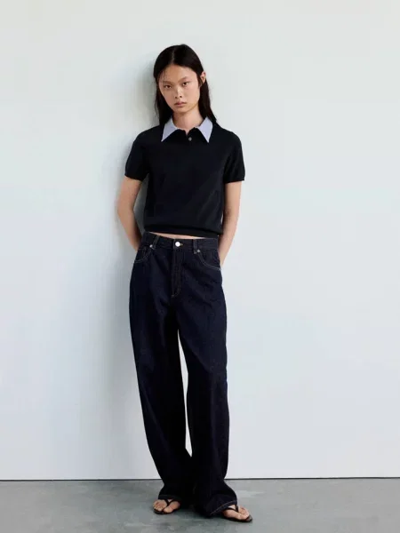 Sweter z kołnierzykiem polo w paski ciemnogranatowy Kobieta L MANGO
