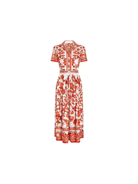 Sukienka Dolce And Gabbana z nadrukiem z twillu pomarańczowa
