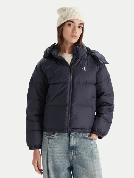 Пухено яке Calvin Klein Jeans зимен модел с уголемена кройка тъмносиньо