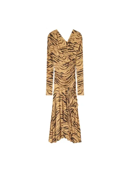 Sukienka Ganni z nadrukiem z długim rękawem w tygrysie prążki brązowa