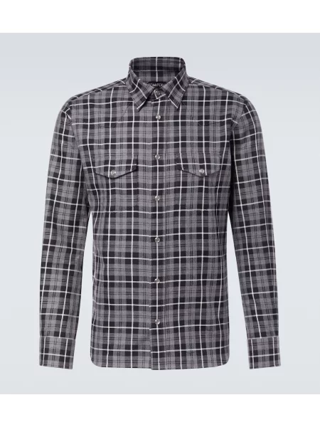 Cămașă Tom Ford în carouri din țesătură twill gri