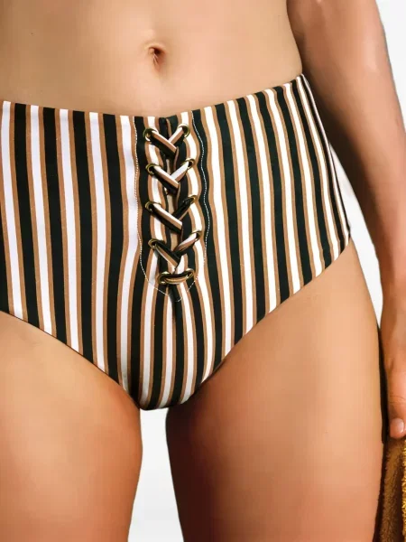 Bikini A:musé cu șireturi cu dungi din dantelă maro