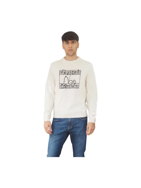 Sweter Sun68 wełniany z okrągłym dekoltem biały