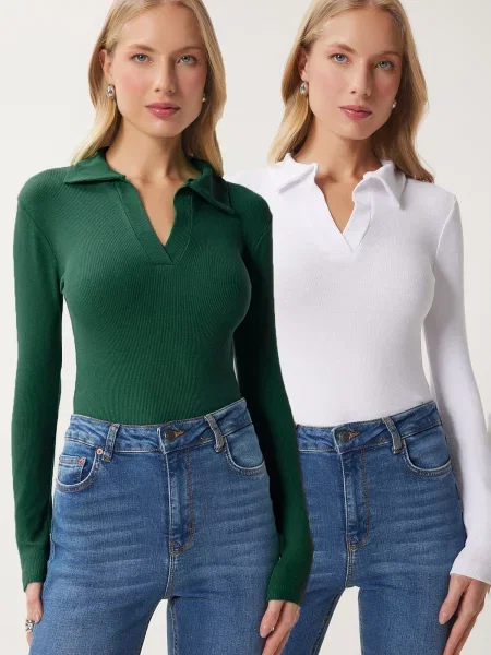 Happiness İstanbul Pulover verde închis alb