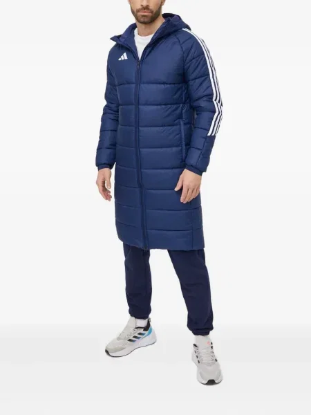 Geacă cu puf Adidas din piele de căprioară cu dungi cu glugă albastru