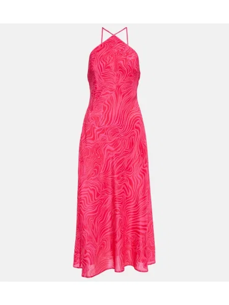 Jedwabna sukienka midi Rixo do kolan z dekoltem halter różowa