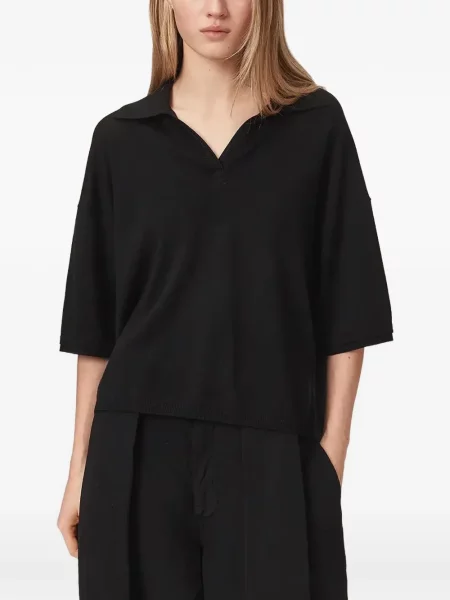 Bluză Allsaints din satin cu decolteu în V negru