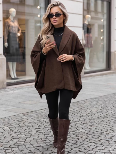 Płaszcz ponczo oversize na guzik czekoladowy Dstreet