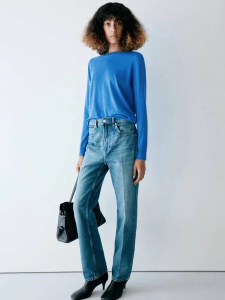 Sweter z dzianiny z okrągłym dekoltem electric blue Kobieta XXS MANGO niebieski