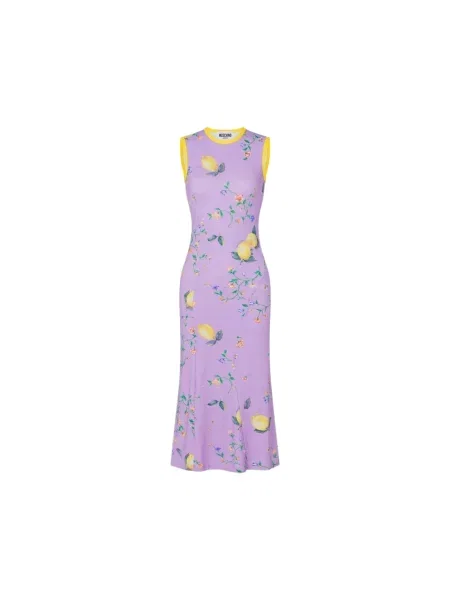 Dzianinowa sukienka Moschino z nadrukiem fioletowa