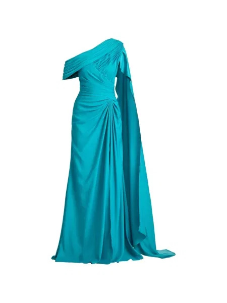 Rochie maxi Tadashi Shoji drapată cu un umăr gol albastru