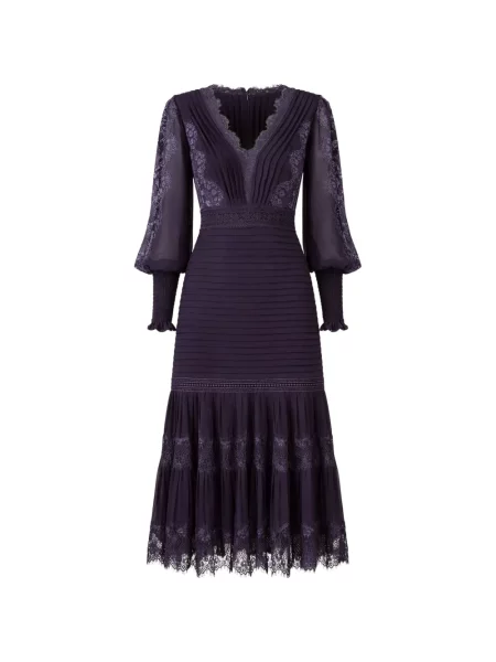 Rochie midi Tadashi Shoji plisată din dantelă până la genunchi violet