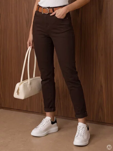 Jeansy mom fit z paskiem czekoladowe Dstreet