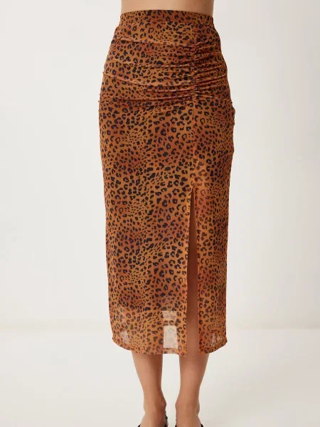 Happiness İstanbul Fustă maro cămilă negru