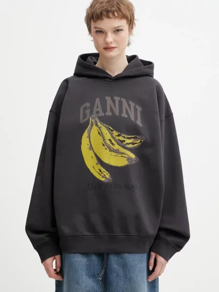 GANNI bluza z kapturem z nadrukiem szary