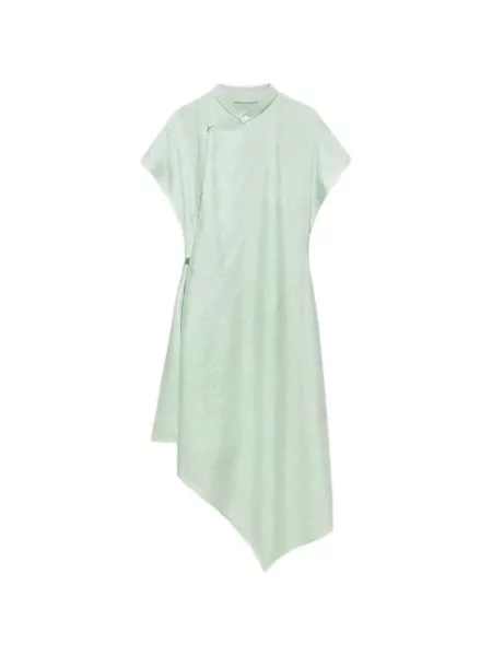 Rochie Shanghai Tang din jacard asimetrică verde