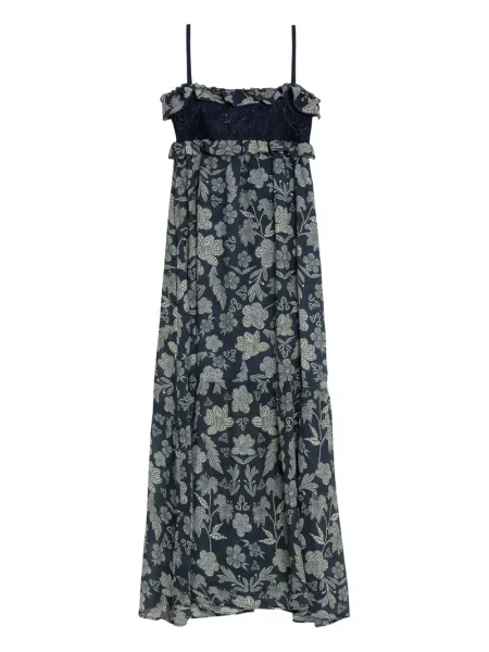 Rochie maxi Agua Bendita cu model floral cu imagine de costum albastru