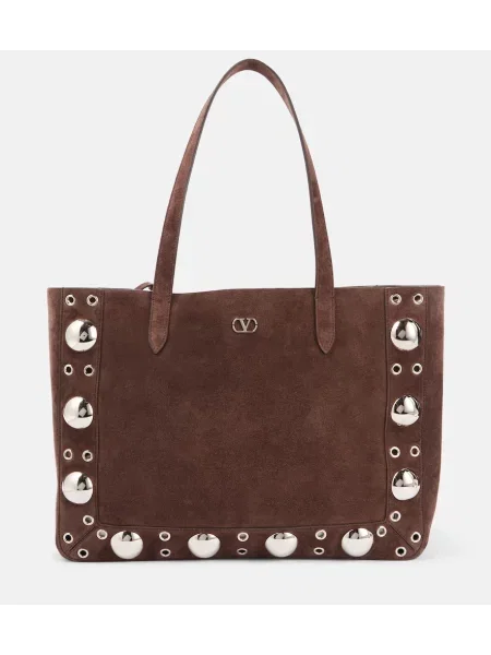 Shopper torbica Valentino Garavani iz semiša z žeblji rjava