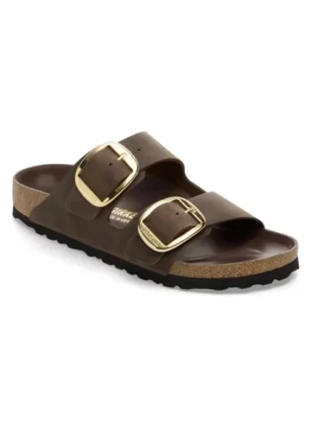 Klapki Birkenstock skórzane na sprzączkę brązowe