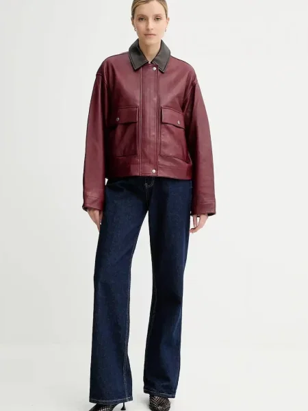 Rag & Bone kurtka skórzana przejściowa oversize bordowy