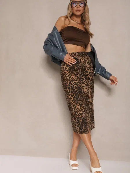 Spódnica w Panterkę High Waist z Rozcięciem z Przodu Harilie brązowa