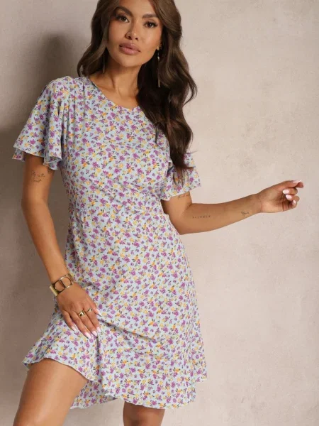 Rochie bleumarin midi cu croială dreaptă cu flori Kimbr albastru