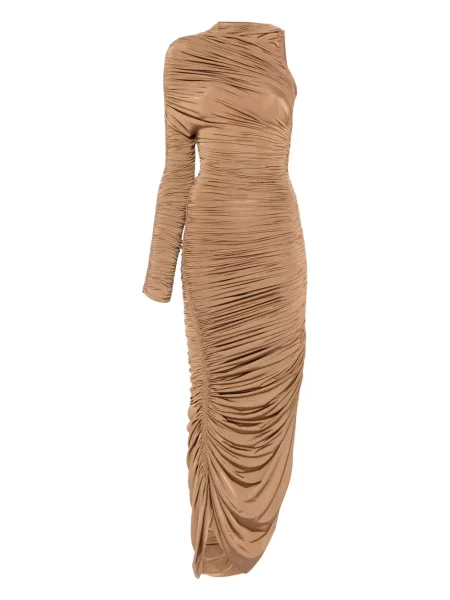 Rochie maxi Mugler cu volane asimetrică de costum maro
