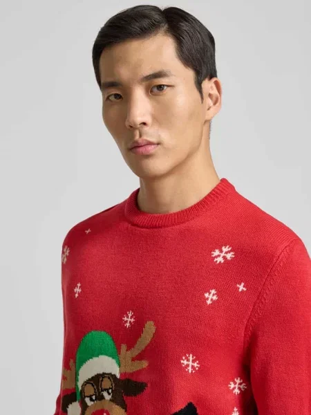 Sweter o kroju slim fit z imitacji dzianiny Montego czerwony