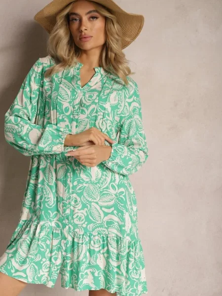 Rochie evazată mini din în stil cămașă cu imprimeu natură Berdia verde