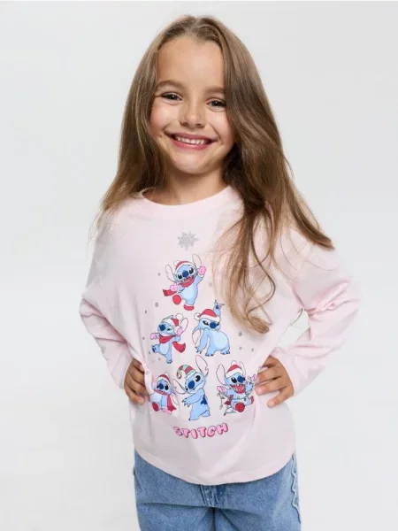 Sinsay tričko s vánočním potiskem Stitch pastelová růžová
