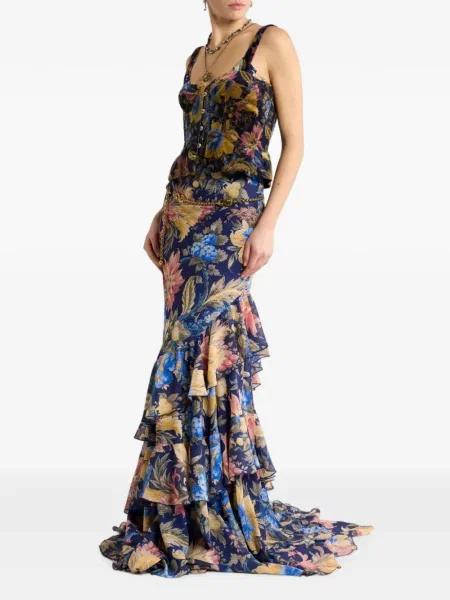 Lung rochie Etro cu model floral cu volane albastru