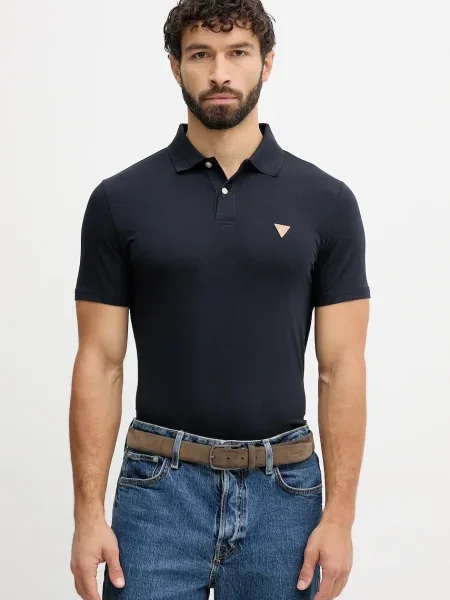 Тениска с яка Guess NOLAN с апликация тъмносиньо