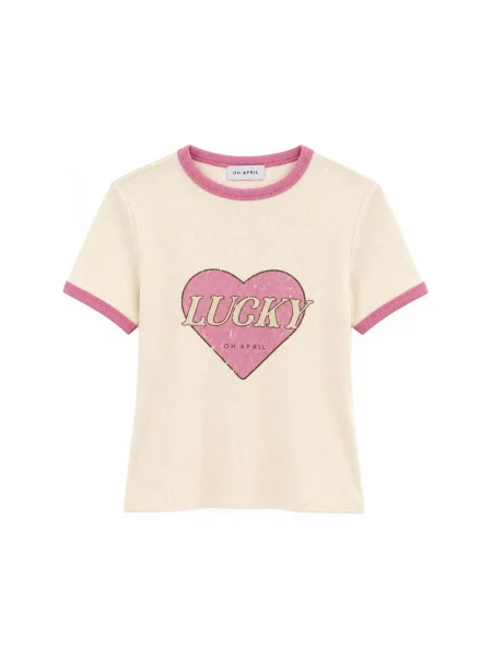 OH APRIL Tricou Lucky Heart roz deschis / negru / lână alb