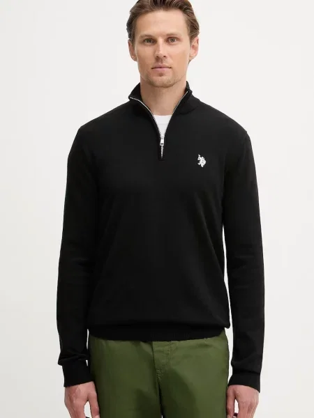 U.S. Polo Assn. pulover pentru bărbați din COTTON ZIP NECK negru